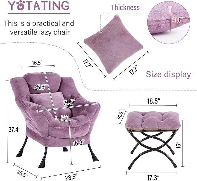 Lazy Chair with Ottoman, Comfy Reading Lounge Chair with Footstool & Throw Pillow Modern with Armrests & Side Pocket for Living Room, Bedroom, Dorm Room, Plush Purple