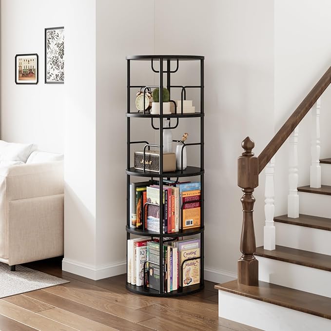 4 Tier Rotating Bookshelf, 360 Display Spinning Corner Bookshelf, Space-Saving Metal Frame Bookcase for Living Room, Office, Bedroom, Black