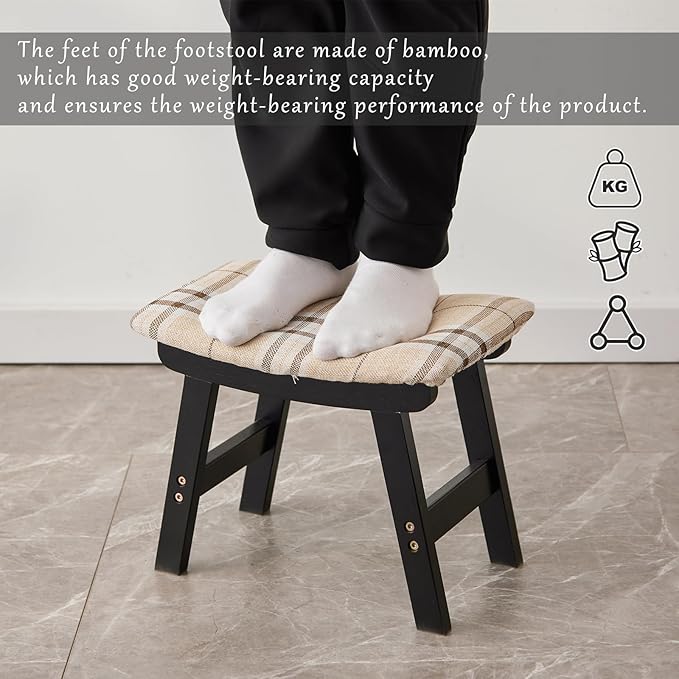 Foot Stool,Ottoman,Bamboo Small Sofa Foot Rest Under Desk,Extra Seating for Living Room, Bedroom and Kitchen (Black Stool Legs - Stripes Surface)