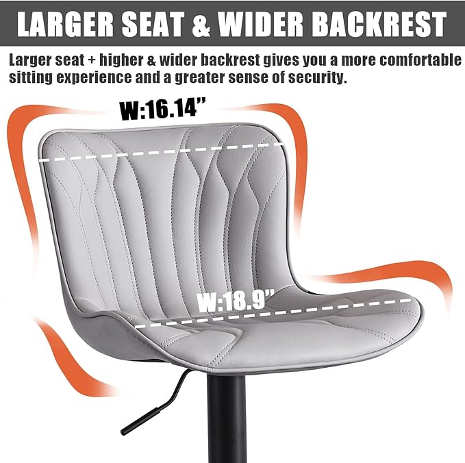 YOUNIKE Grey Bar Stools Set of 2 Modern Kitchen Counter Height Bar Chairs with Backs Faux Leather Upholstered Barstools Swivel Tall Adjustable Padded Breakfast Island Chair with Sturdy Metal Leg