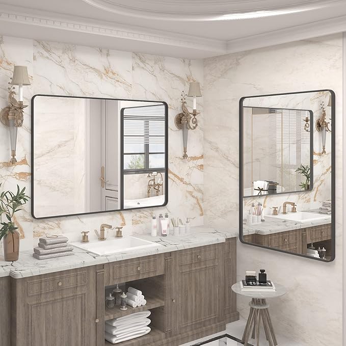 40x32 Black Bathroom Mirror, Matte Framed Bathroom Vanity Mirror for Wall, Modern Rectangle Mirror, Rounded Corners, Tempered Glass (Horizontally/Vertically)