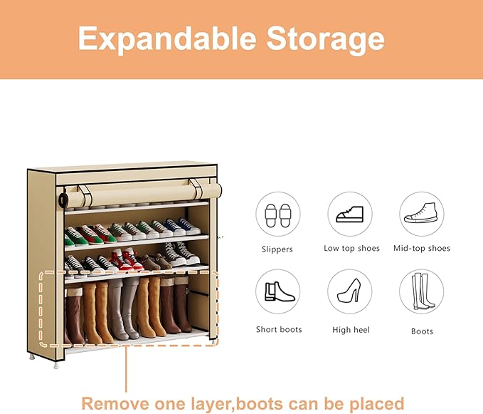 Calmootey 5 Tier Shoe Rack Organizer to Hold 25 Pairs, Portable Shoe Shelf with Nonwoven Fabric Cover for Closet Hallway, Bedroom, Entryway, Beige