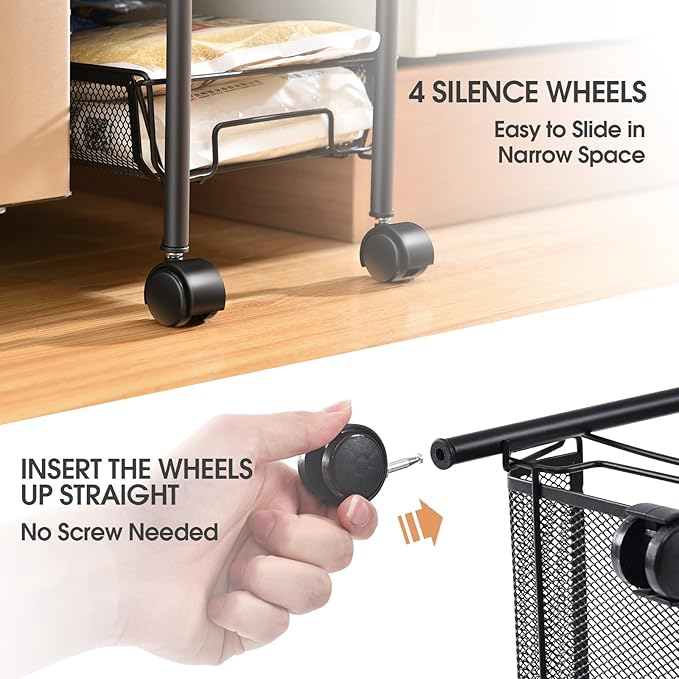 KINGRACK 4-Tier Slim Rolling Cart,Metal Utility Cart,Slide Out Storage Cart with Wooden Tabletop and Mesh Baskets for Narrow Space on Kitchen Bathroom Laundry Room Bedroom Apartments Dormitory, Black