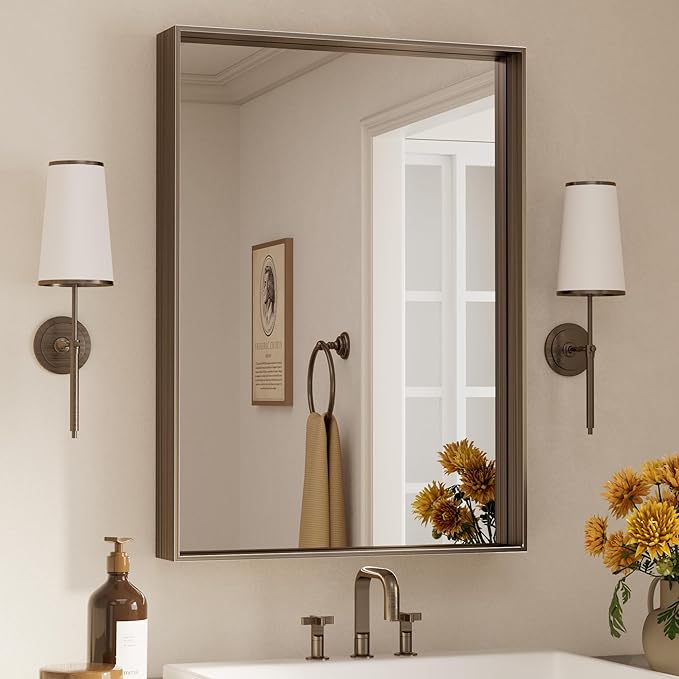 Keonjinn 22 x 30 in Brushed Bronze Framed Mirror for Bathroom, Bronze Vanity Mirrors for Over Sink, Square Corner, Modern Farmhouse Style, Aluminum Alloy Frame(Horizontal/Vertical)