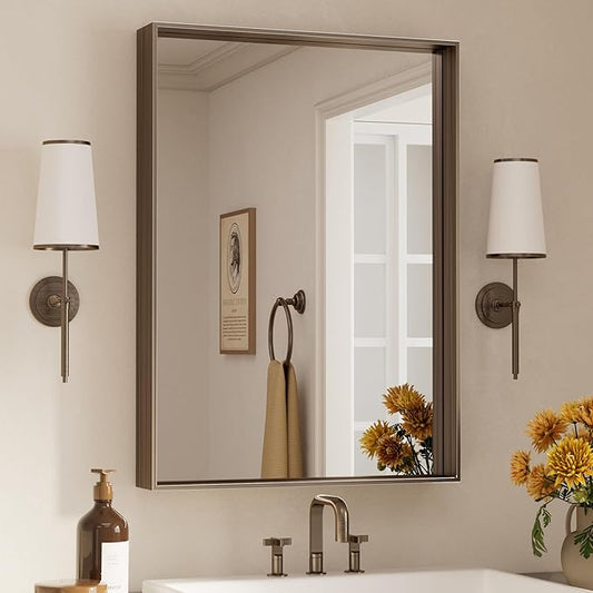 Keonjinn 22 x 30 in Brushed Bronze Framed Mirror for Bathroom, Bronze Vanity Mirrors for Over Sink, Square Corner, Modern Farmhouse Style, Aluminum Alloy Frame(Horizontal/Vertical)