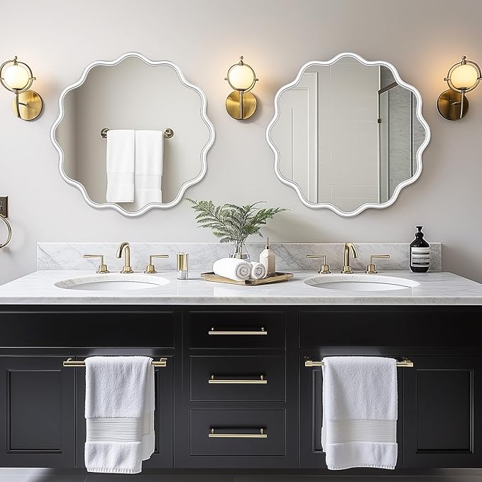 PROHOMEWARE White Round Mirror 24 Inch Wavy Bathroom Vanity Mirror White Frame Modern Wall Mirror Decorative Wall-Mounte Anti-Rust, Tempered Glass