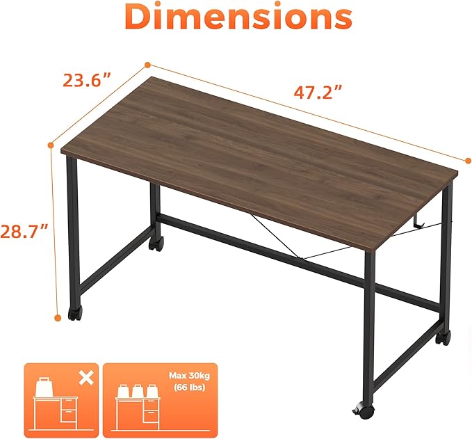 Rolling Computer Desk with Wheels, Gaming Desk for Small Spaces, Modern Simple Style Table for Home Office, Study Writing Table (Caster, Walnut, 48 inch)