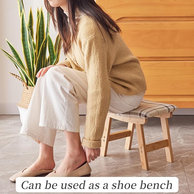 Foot Stool,Ottoman,Bamboo Small Sofa Foot Rest Under Desk,Extra Seating for Living Room, Bedroom and Kitchen (Natural Stool Legs - Stripes Surface)