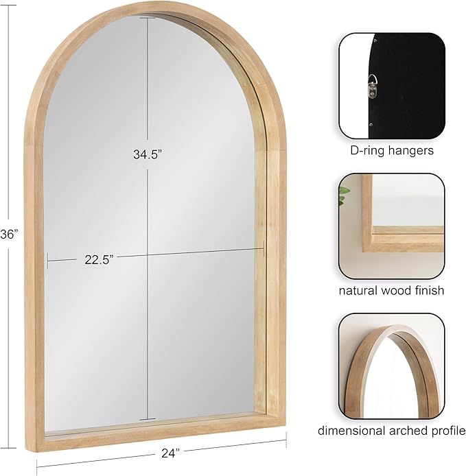 Kate and Laurel Hutton Modern Wood Arched Mirror; 24 x 36; Natural Wood; Decorative Transitional Large Arch Mirror with Deep Profile for Use as Bathroom Mirror for Over Sink
