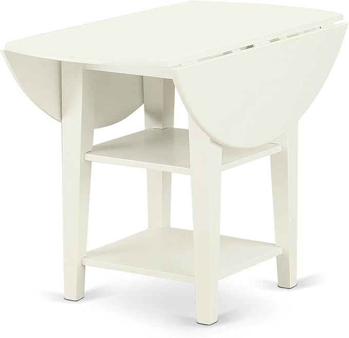 East West Furniture SUAD3-LWH-LC 3 Piece Dining Set Contains a Round Dining Room Table with Dropleaf & Shelves and 2 Faux Leather Upholstered Chairs, 42x42 Inch, Linen White