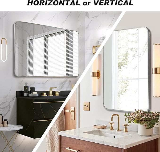 Bathroom Mirror 30x40 inch, Silver Gorgeous Deep Frame Wall Mirror, Modern Round Corner Bathroom Vanity Mirror for Bedroom, Living Room, Hanging or Leaning Horizontal or Vertical, Silver