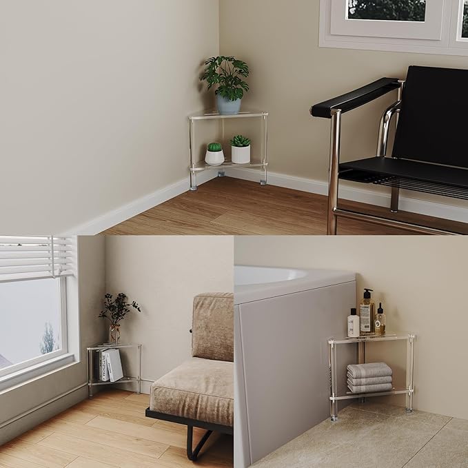 Acrylic Corner Shower Stool for Shaving Legs 11.42" D X 11.42" W X 14.37" H, Triangle Shower Foot Rest with Storage Shelf, Heavy Duty, for Inside Shower,
