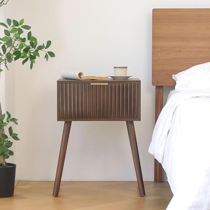 Mid Century Modern Nightstand, Small End Tables Living Room, Accent Bedside Table with Drawer for Bedroom and Small Space, Rustic Brown