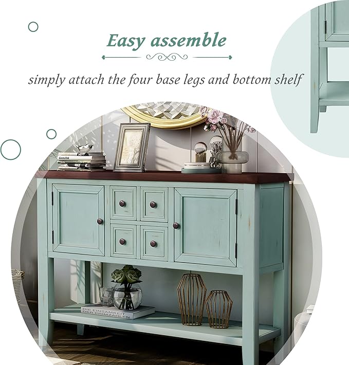 Merax Wood Farmhouse Buffet Sideboard Table with Drawers and Bottom Shelf Console Table for Living Room Dinning Room Kitchen (Retro Blue)