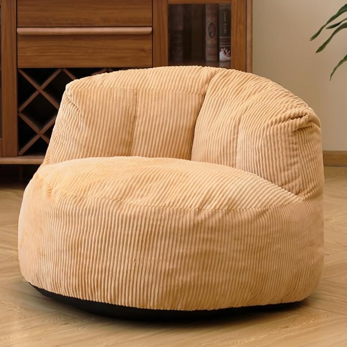 N&V Large Crescent Bean Bag Chair, Adult Size Bean Bag Sack, Foam Filling, Soft Premium Corduroy Bean Bag for Living Room Bedroom Dorm and Office (Beige)