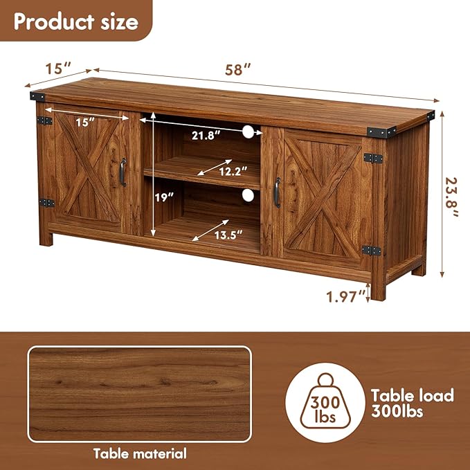 YESHOMY Modern Farmhouse TV Stand with Two Barn Doors and Storage Cabinets for Televisions up to 65+ Inch,Entertainment Center Console Table,Media Furniture for Living Room,58 Inch, Walnut,YH-TS103DWA
