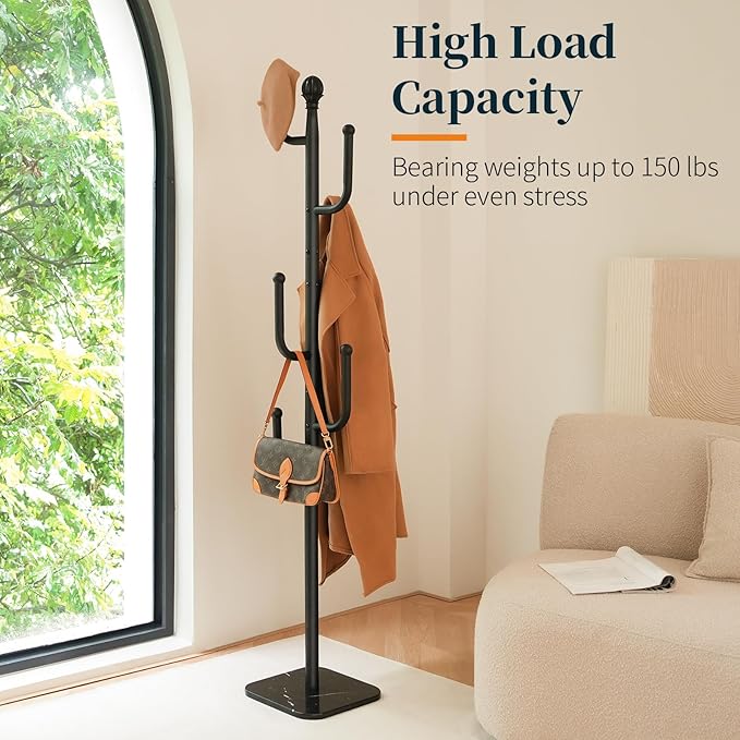 Yoobure Coat Rack Freestanding with Natural Marble Base - Cactus Coat Tree with 6 L-shaped Hooks, Heavy Duty Coat Hanger Stand, Metal Coat Rack Stand for Entryway, Hall Tree for Jacket/Hat/Clothes/Bag