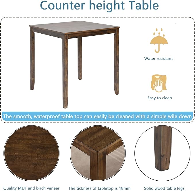KEIKI 5-Piece Counter Height Dining Table Set with Square Table and 4 Upholstered Slatted Backrset Chair, for 4 Person, Modern Style Wooden Table Set, Easy Assembly, for Kitchen, Dining Room, Walnut