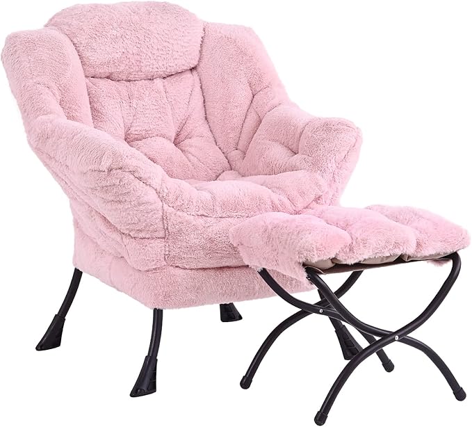 LITA Lazy Chair with Ottoman, Modern Accent Leisure Upholstered Sofa, Contemporary Lounge Reading Chair with Armrests and a Side Pocket for Living Room, Bedroom & Small Spaces, Plush Pink