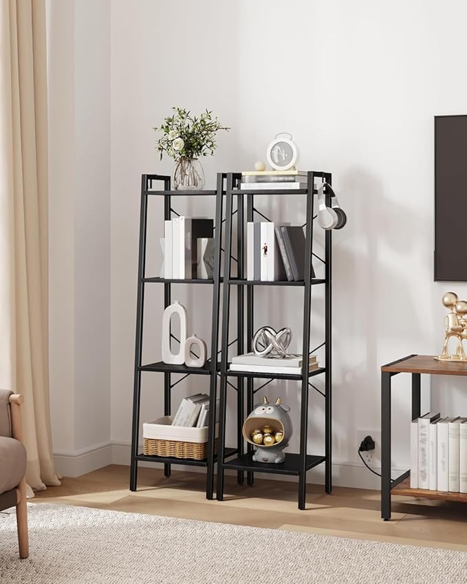 Ladder Shelf, Bookshelf Bookcase, Freestanding Corner Storage Shelve with 2 Hooks for Home Office, Living Room, Kitchen, Bedroom, Industrial, 4-Tier Black BC13204B