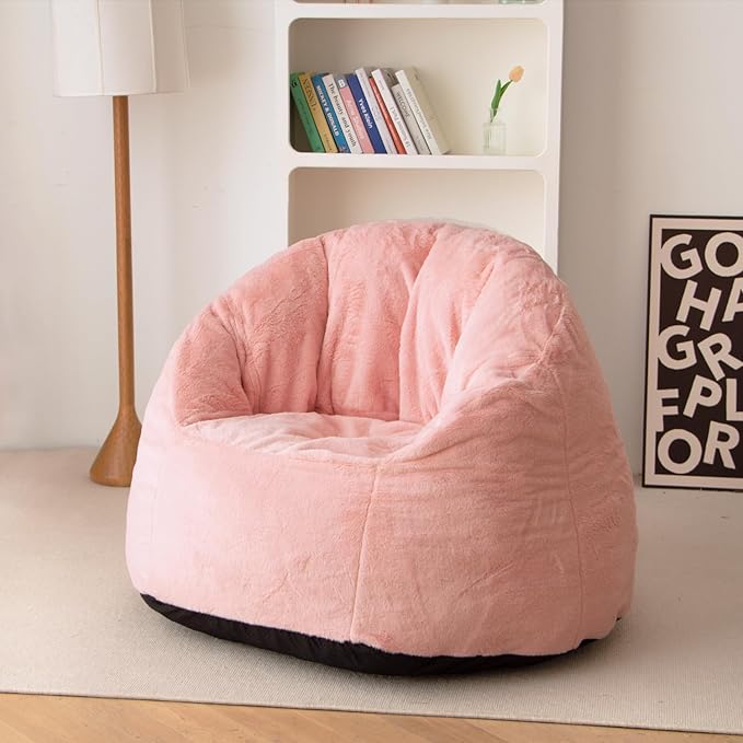 N&V Large Shell Bean Bag Chair, Adult Size Bean Bag Sack, Foam Filling, Includes Removable and Machine Washable Cover, 40in, Soft Faux Fur, Pink