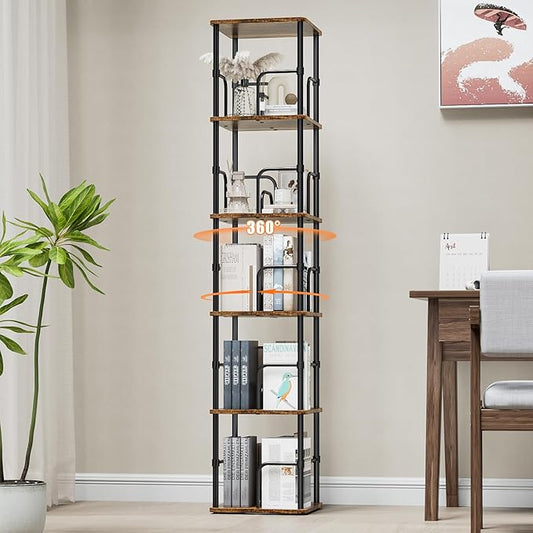5 Tier Square Rotating Bookshelf, 360 ° Display Stackable Spinning Bookshelf Tower, Space Saving Tall Floor Standing Swivel Bookcase Corner Storage Organizer for Living Room, Rustic Brown, Small Size