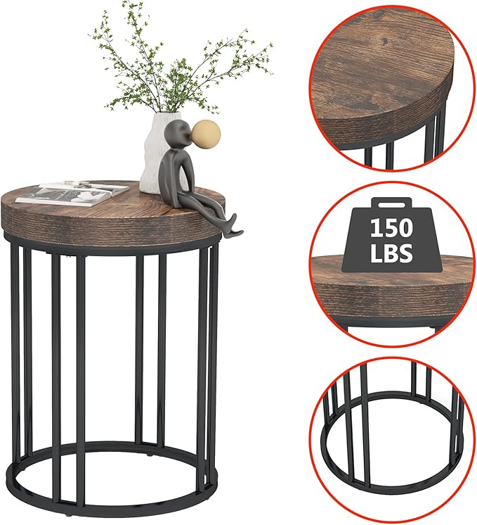 LITTLE TREE Round End Table, Industrial Side Table Small Accent Table, Metal Circle C Table Bed Side Table for Living Room Sofa Side Couch, Bedroom, Easy Assembly, Space Saving (Brown, 1PC)
