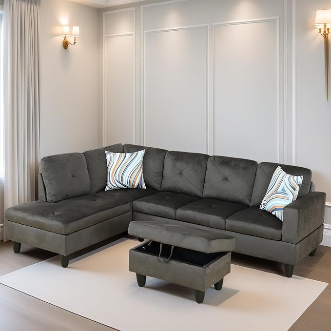 L Shaped Sectional Couch Sofa, Modern Couches for Living Room, Comfy 4 Seat Modular Sectional Sofa with Ottoman Storage for Bedroom Apartment, Coffee