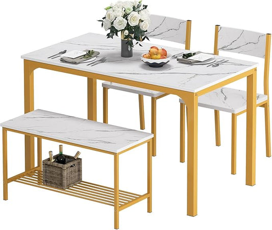 soges 4 Person Dining Table Set,43.3 inch Kitchen Table Set for 4,2 Chairs with Backrest,2-Person Bench with Storage Rack,Nesting Furniture Set for Dining Room and Restaurant, White Gold