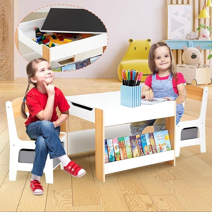 Asweets Kids Table and Chair Set,4 in 1 Toddler Desk with Storage Drawer,Wooden Activity Table for 2 in 1 Detachable Tabletop,Bookshelf,Suitable for Classroom,Home,Nursery,Playroom (Ivory White)