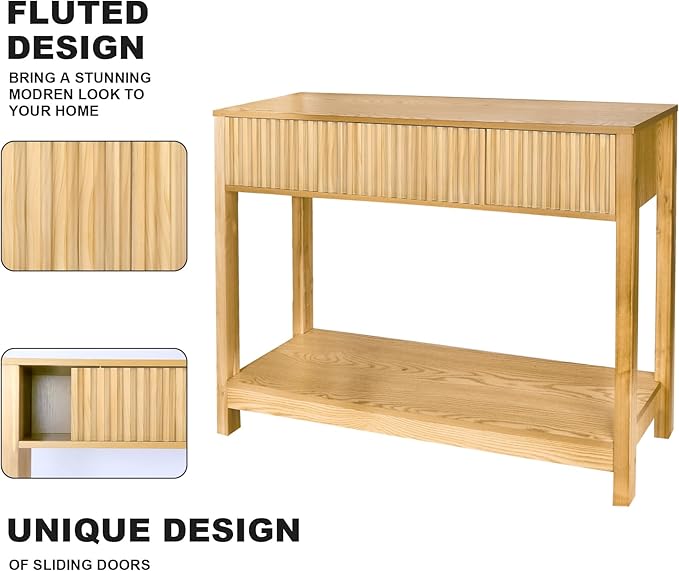 Long Console Table with Storage, Fluted Entryway Slim Sofa Tables Behind Couch Entryway Table, Modern Narrow Wood Hallway Foyer Entrance Couch Tables for Living Room