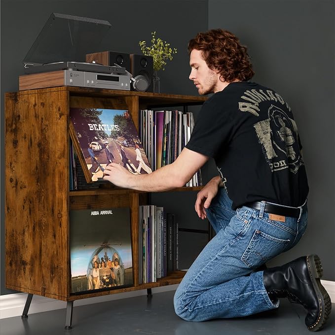 3 Tier Record Player Stand, Flip Top Record Player Cabinet, Mid Century Record Player Table with Shelves Holds up to 300+ Albums, Vinyl Record Storage with 4 U-Dividers for Living Room Bedroom, Brown
