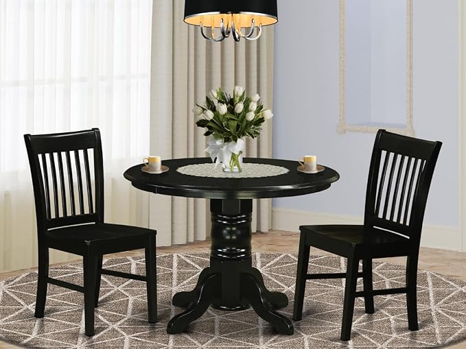 East West Furniture SHNO3-BLK-W 3 Piece Dining Room Furniture Set Contains a Round Dining Table with Pedestal and 2 Wood Seat Chairs, 42x42 Inch, Black