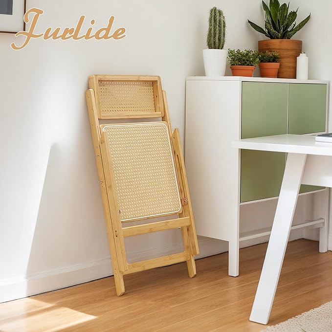 Rattan Folding Chair, Modern Mid Century Dining Chair Set of 1, Outdoor Bamboo Chairs for Bedroom Living Room Reading Room Dining Kitchen, Wood