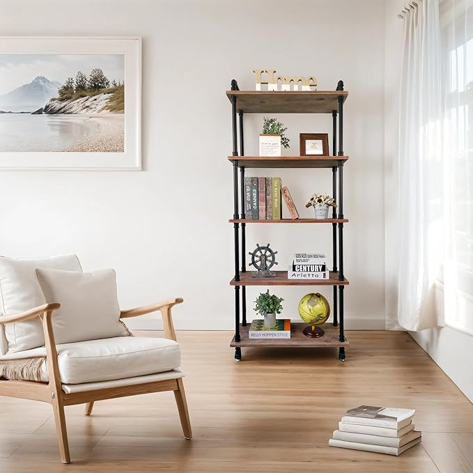 Industrial Bookshelves, Wood Pipe Bookshelf, 5 Shelf Rustic Display Storage Tall Standing Shelf Bookcase for Living Room, Kitchen, Office (Weathered Brown, 29.5" L x 11.8" W x 70" H)