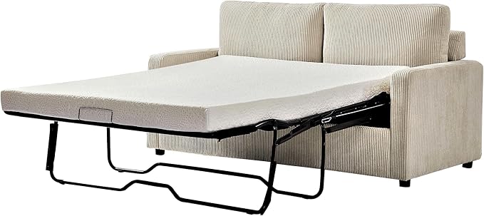 Reversible Sleeper Sofa Bed with Comfortable Memory Foam Mattress, Convertible Corduroy Full Size Pull Out Couch for Living Room, Space Saving Furniture, 70" Wide, Rectangular Arms, Ivory