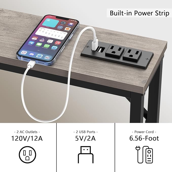 Tohomeor 5.9" Skinny Behind Sofa Console Table with Charging Station 47.2" Narrow Long Behind Couch Table with Power Outlets USB Ports Thin Entry Table for Entryway Living Room Hallway Retro Grey