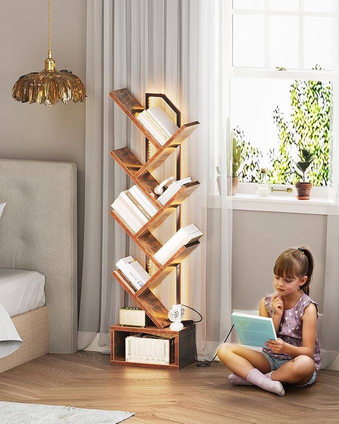 Casaottima 6-Tier Tree Bookshelf — Narrow Floor Standing Bookcase, Tall Steel & Wood Book Organizer Shelf with Cabinet, Home Decor for Living Room/Bedroom/Home Office, Vintage