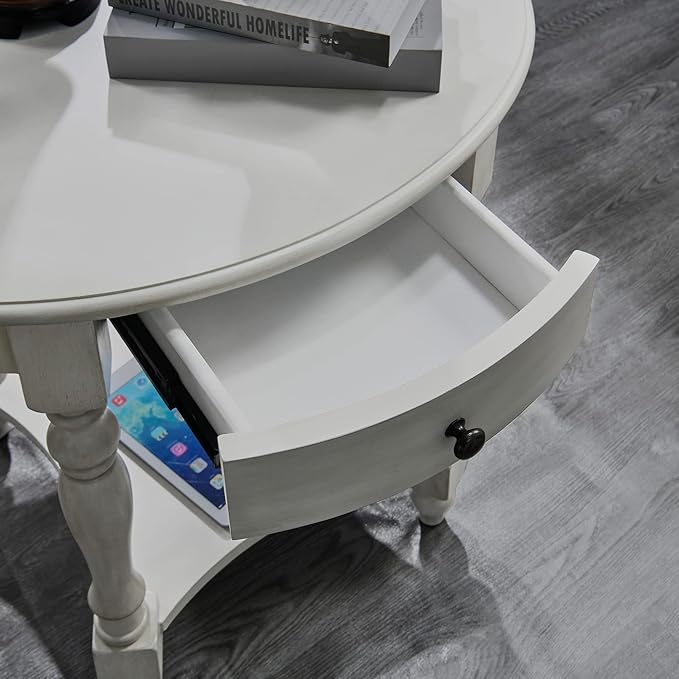 LEEMTORIG Oval Round End Table with Drawer, 2-Tier Solid Wood End Tables, Victorian Antique Nightstand Bedside Table for Bedroom, 28" W x 22" D x 24.2" H, Grey White (not Pure White), CJZ-2233-RW