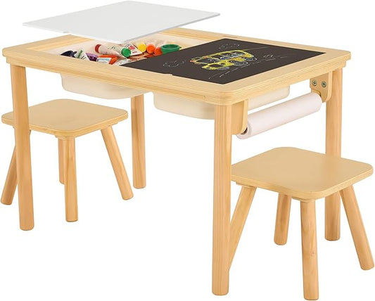Sensory Table for Toddlers 1-3 with 2 Chairs & Roll Paper, Wooden Kid Activity Table Chair Set with Double-Sided Boards and 2 Storage Bins for Sand and Water Play