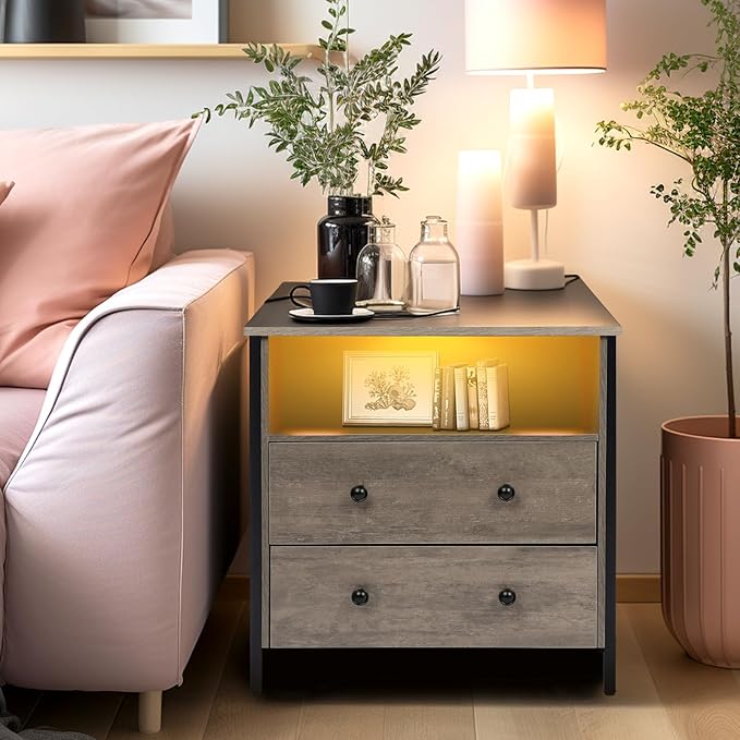 27 Inch Wide Night Stand, Large Wood Night Stand with 2 Drawers, LED Nightstand with Charging Station and Adjustable Drawer, Bedside Table for Living Room/Bedroom/Study/Office, Gray.