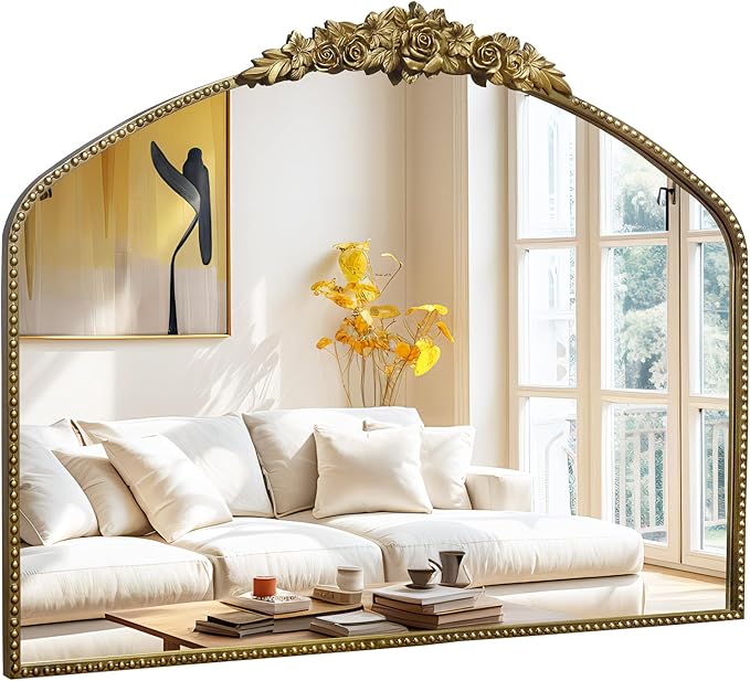 Vintage Gold Arched Mirror 40"X30",Antique Baroque Mantel Mirror with Ornate Metal Frame for Entryway/Fireplace/Living Room/Hallway/Bathroom/Bedroom