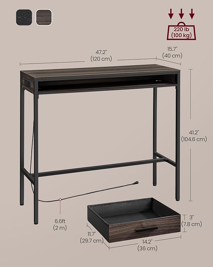VASAGLE Bar Table with Power Outlets, 47.2 Inches Long Bar Height Pub Table, Rectangular High Top, with Movable Drawer, 2 Hooks, Narrow Storage for Kitchen, Dining, Entryway, Ash Brown