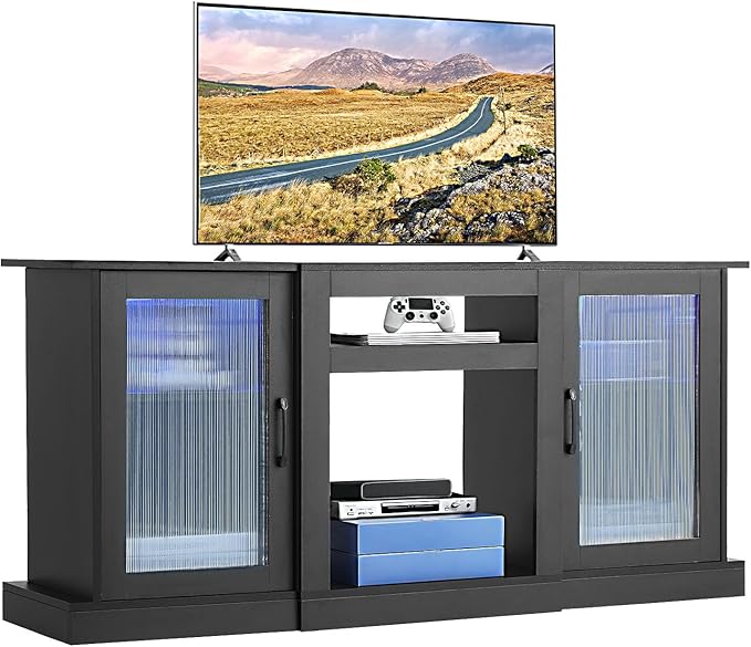 VEVOR TV Stand for TVs up to 65 inch, Modern Entertainment Center with Light Strip, Wooden TV Cabinet Storage with Glass Doors and Adjustable Shelves, Console Table for Living Room and Bedroom, Black