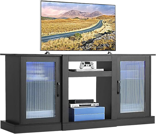 VEVOR TV Stand for TVs up to 65 inch, Modern Entertainment Center with Light Strip, Wooden TV Cabinet Storage with Glass Doors and Adjustable Shelves, Console Table for Living Room and Bedroom, Black