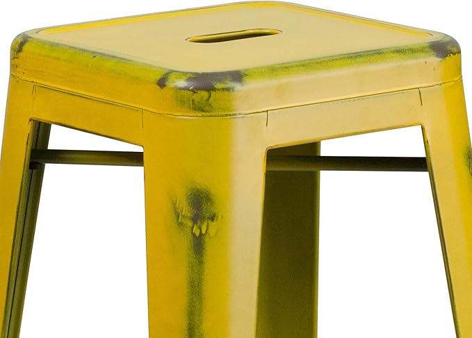 Flash Furniture Kai Commercial Grade 30" High Backless Distressed Yellow Metal Indoor-Outdoor Barstool