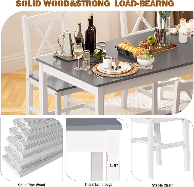 soges 5 Pieces Dining Table Set with 4 Chairs, 47.2 inch Kitchen Pine Wood Table for 4, Rectangular Dining Table Furniture Set for Kitchen, Dining Room, Dinette, White & Grey
