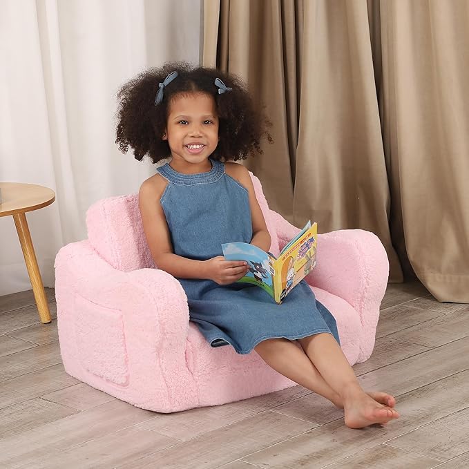Comfy Toddler Chair, 2-in-1 Toddler Couch Fold Out, Convertible Sherpa Sofa to Lounger for Boys & Girls, Pink