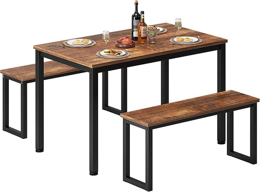 soges 39.4 in Kitchen Table Set with 2 Benches, Dining Table Set for 4, 3 Piece Wooden Industrial Style Dining Room Table and Long Benches, Breakfast Table Coffee Table Set, Retro