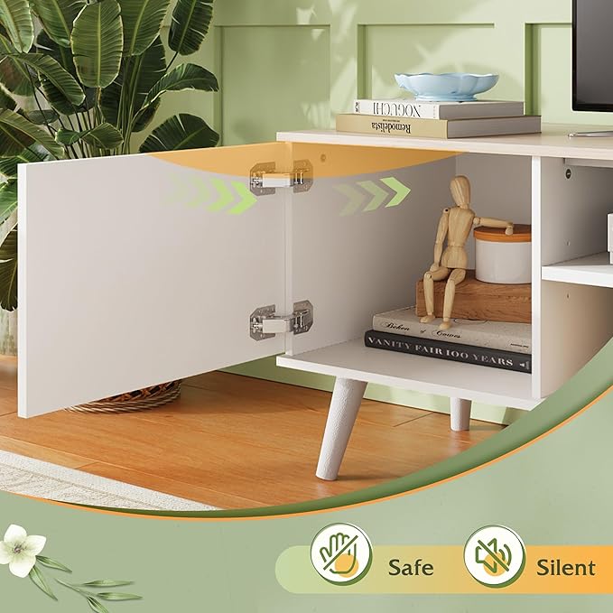 WLIVE TV Stand for 65 70 inch TV, Boho Entertainment Center with Storage Cabinets, TV Console for Living Room Decor, Greige White